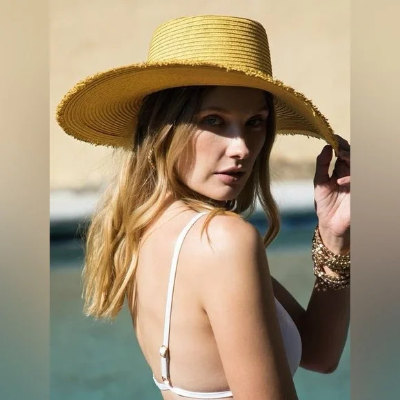 NWT Ruggine Yellow Wide Brim Frayed Edge Straw Hat Boho Sun Hat - Picture 5 of 9